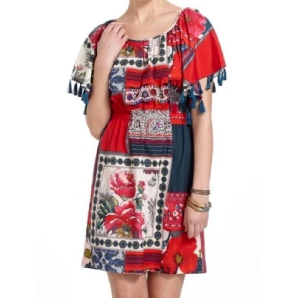 Anthropologie VANESSA VIRGINIA Persian Rose Floral Patchwork Boho Dress M
